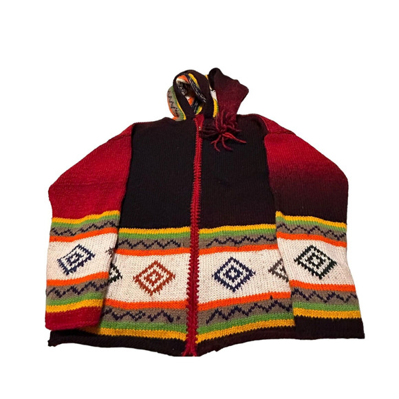 Vintage Hand Knit Sweater Jacket Womens M/L Multicolor Hooded Zip Up Ikat Nordic - Picture 1 of 12